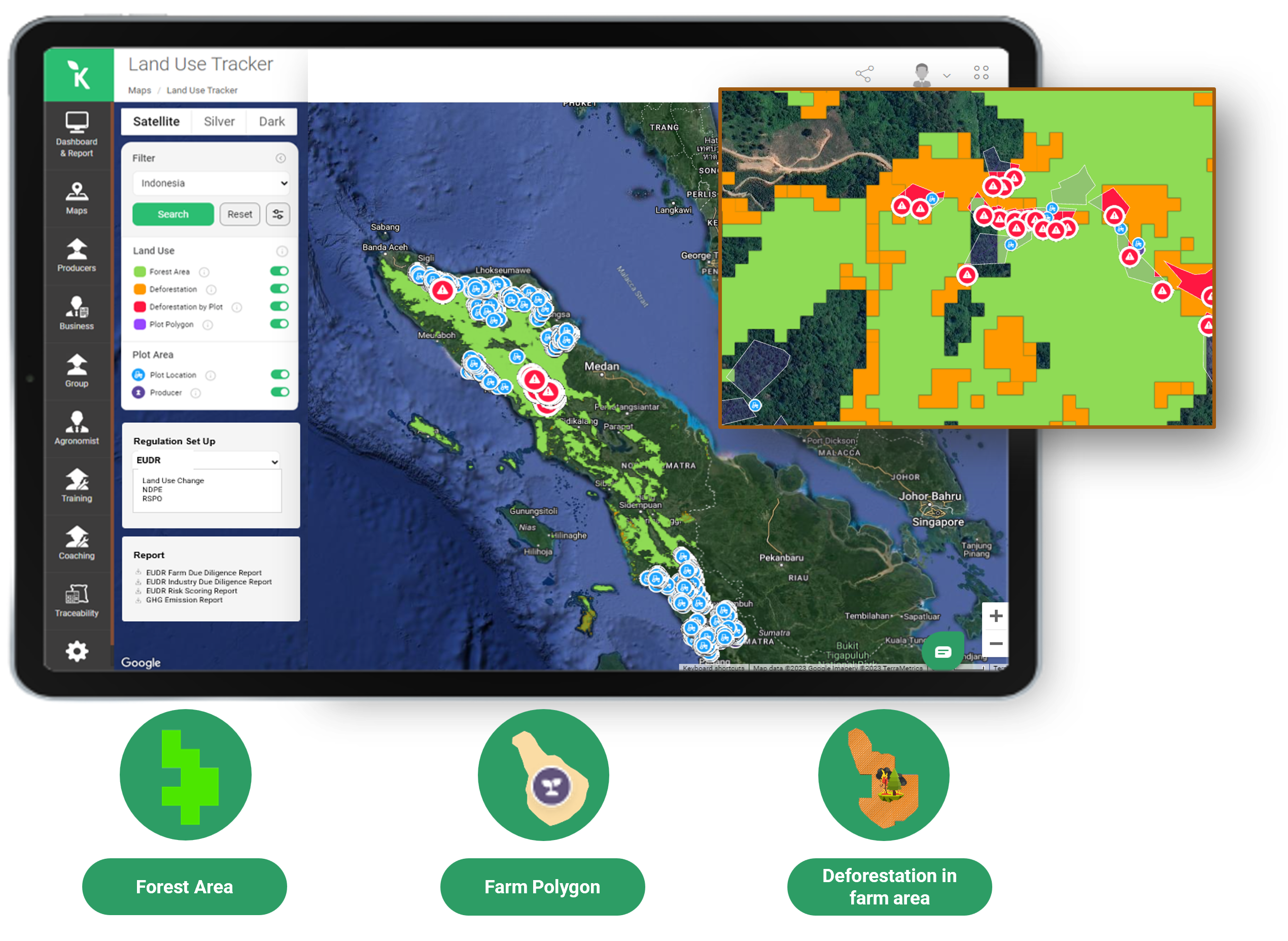 02. Land Use Tracker feature accomodates deforestation cut-off dates and tree cover loss information, allowing users to analyze deforestation trends